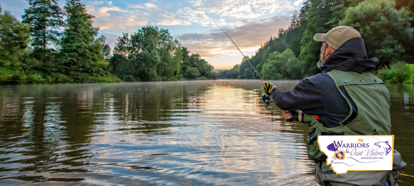 Man standing in water with a fishing rod, with Warriors and Quiet Waters logo at the bottom right.