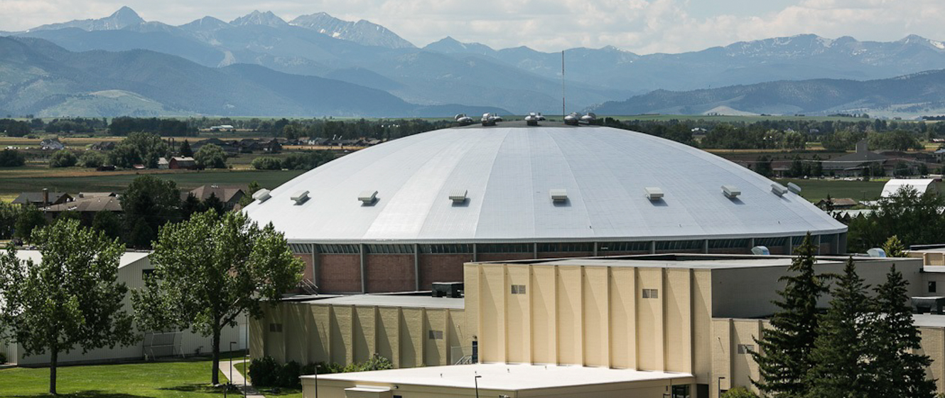 Montana State University in downtown Bozeman with the Spanish Peaks in the background