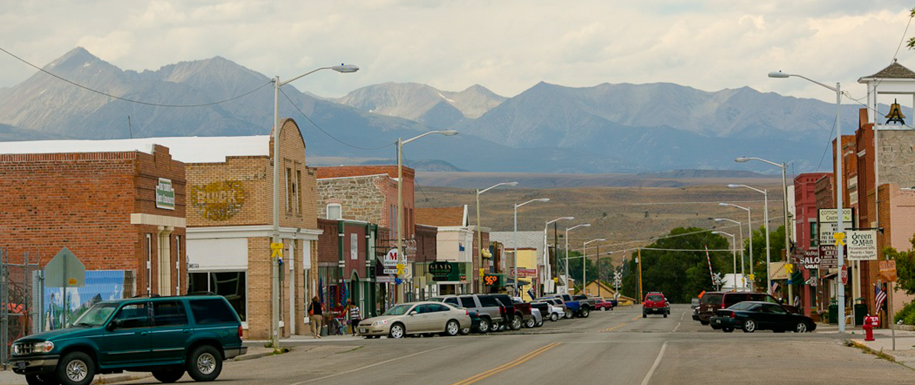 Street view in downtown Big Timber, Montana, with mountains in the background
