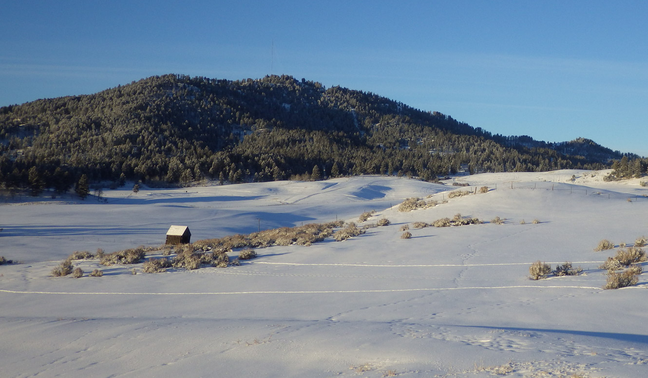 Snowy field with a small barn and mountains in the background.