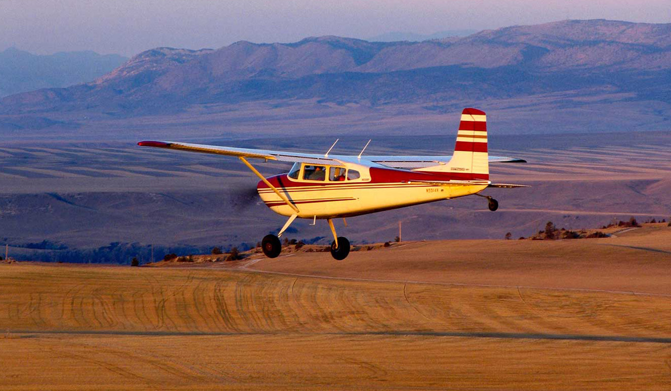 A single propeller airplane flying across a grain field.