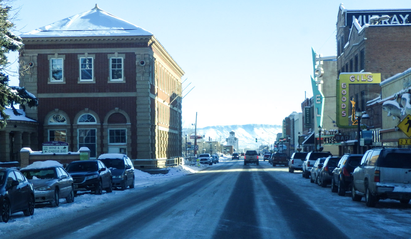 Small town main street in Montana on a winter day.