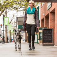 A woman walking a dog on Main Street in Bozeman, Montana